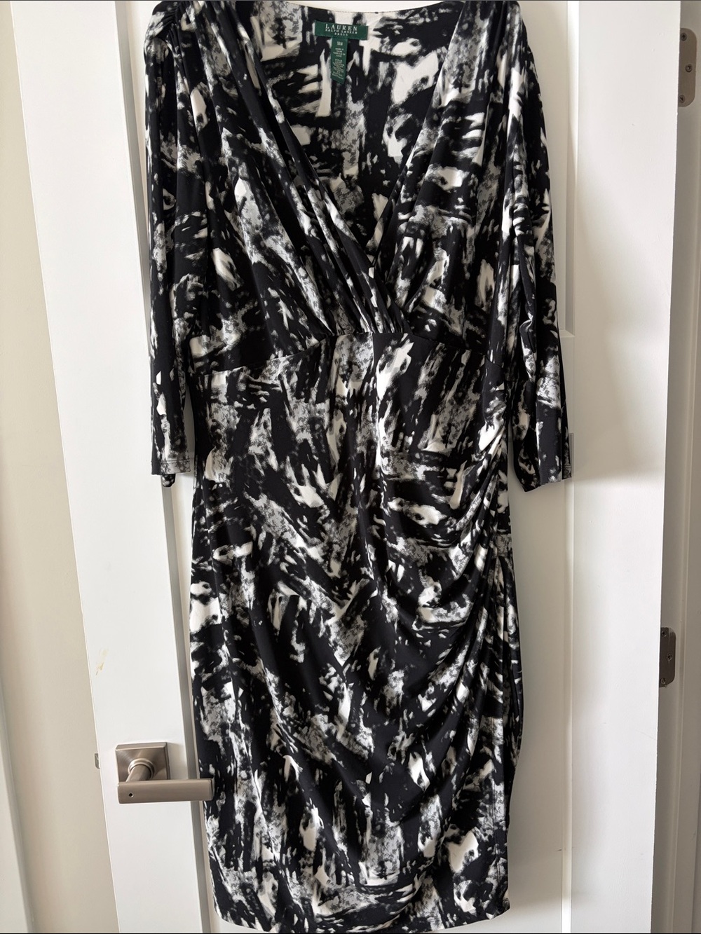 Lauren Ralph Lauren Black and White Abstract Faux-Wrap Midi Dress